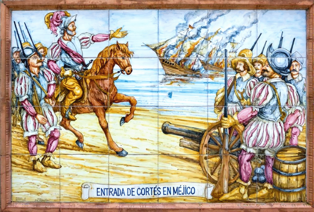 Spanish conquistador Hernán Cortés orders his men to burn the ships in 1519, symbolizing total commitment.